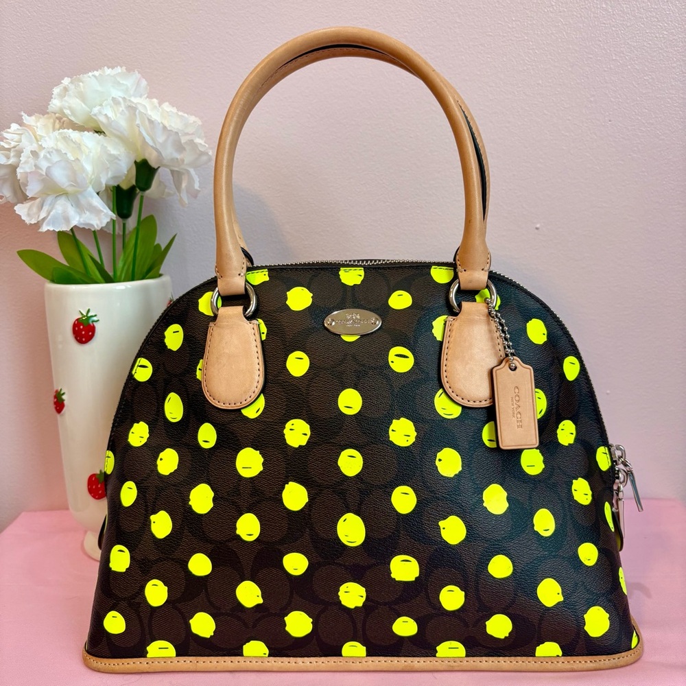 Coach Black Satchel with Neon Yellow Polka Dots and Tan Trim
